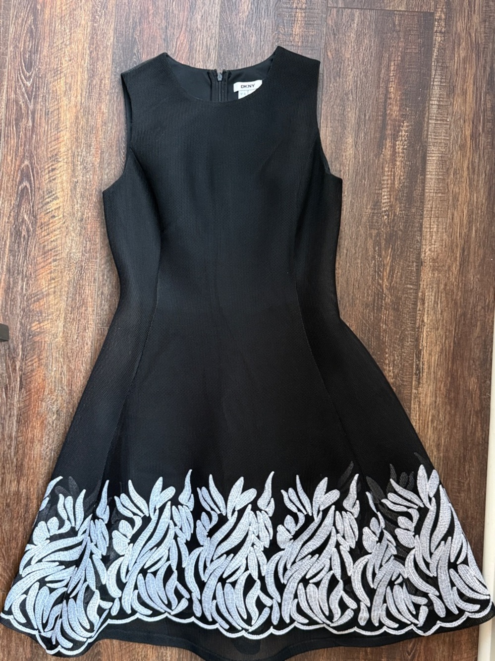 DKNY Black Sleeveless Fit-and-Flare Mini Dress with White Leaf Embroidery